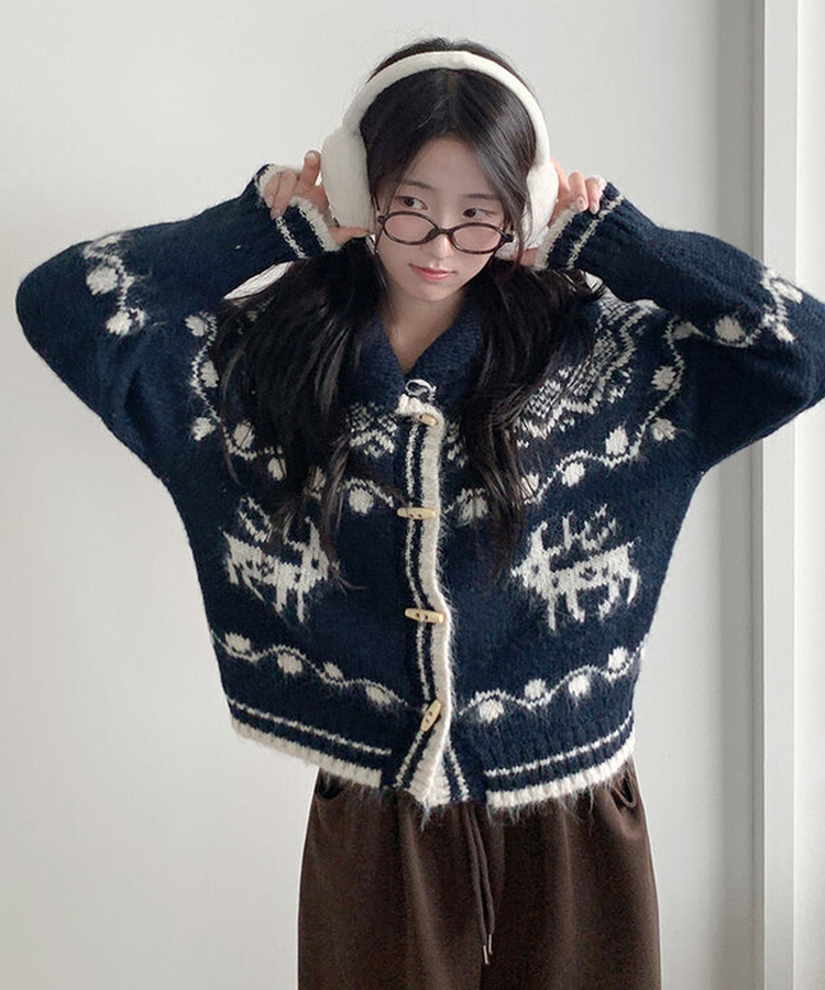 메티 떡볶이단추 아방핏 라운드카라 노르딕 패턴 니트 가디건 겨울아우터 아크릴니트 네이비