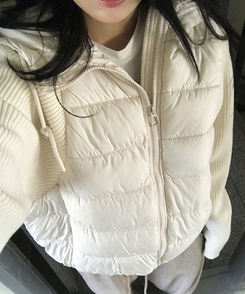 가 레서 긴소매 후드 스트링 니트패딩 아이보리