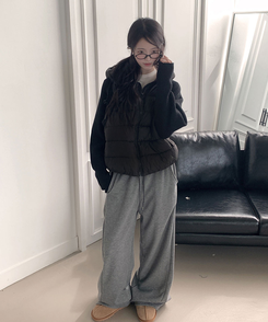 가 레서 긴소매 후드 스트링 니트패딩 블랙