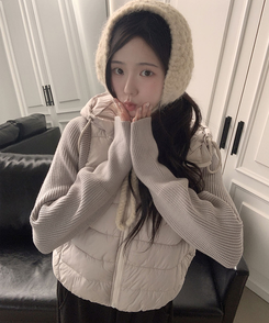 가 레서 긴소매 후드 스트링 니트패딩 연그레이