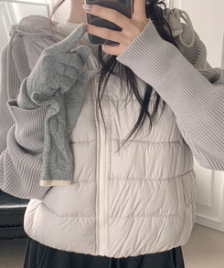 가 레서 긴소매 후드 스트링 니트패딩 연그레이