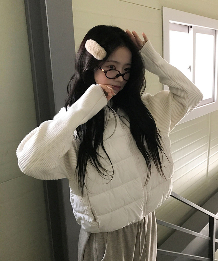 가 레서 긴소매 후드 스트링 니트패딩 아이보리