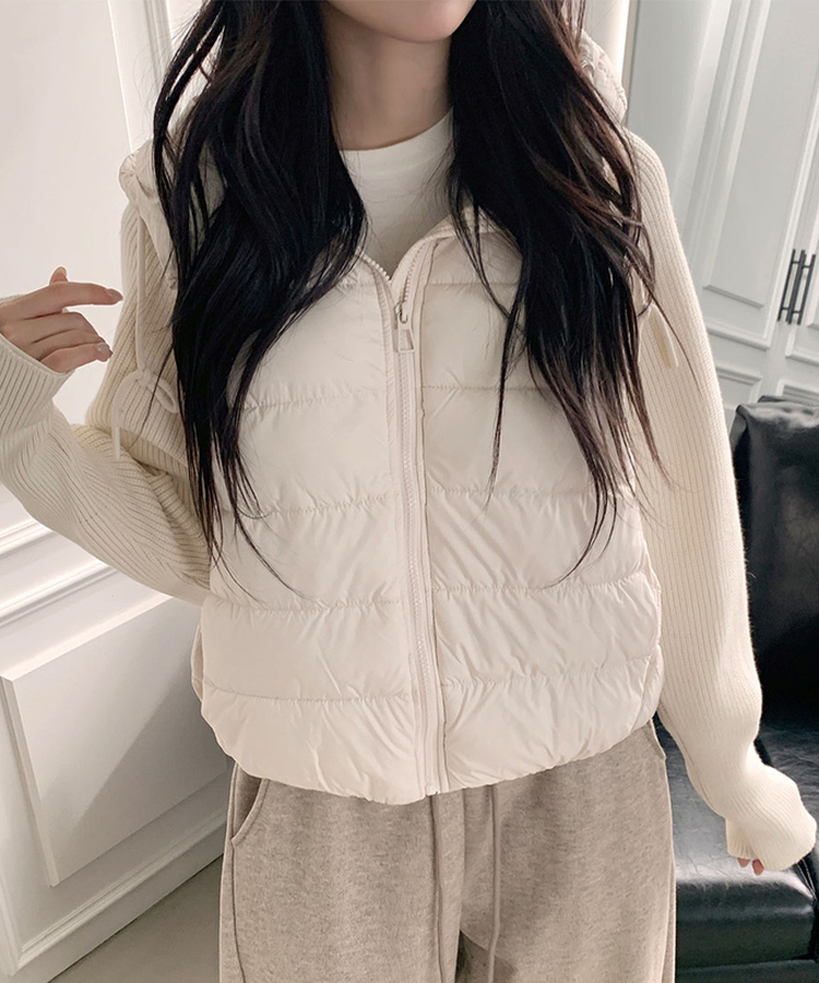 가 레서 긴소매 후드 스트링 니트패딩 아이보리