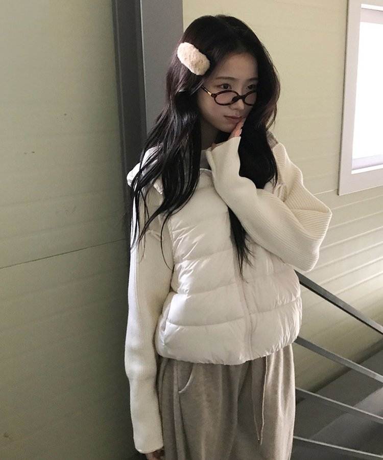 가 레서 긴소매 후드 스트링 니트패딩 아이보리