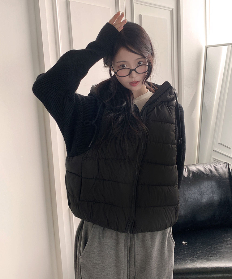 가 레서 긴소매 후드 스트링 니트패딩 블랙