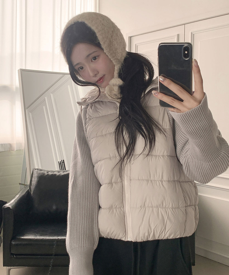 가 레서 긴소매 후드 스트링 니트패딩 연그레이