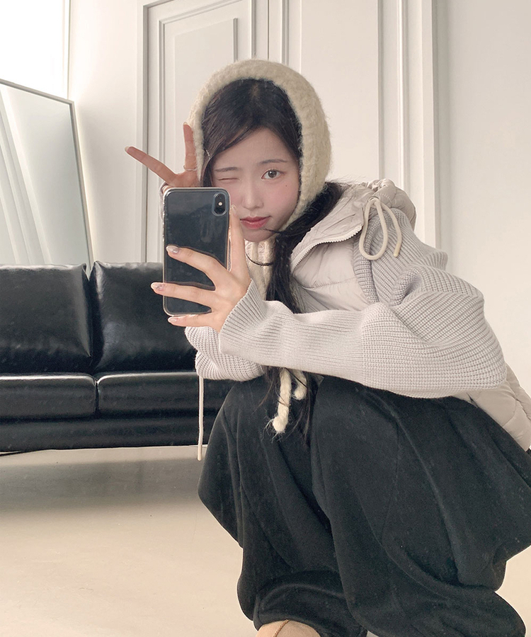 가 레서 긴소매 후드 스트링 니트패딩 연그레이