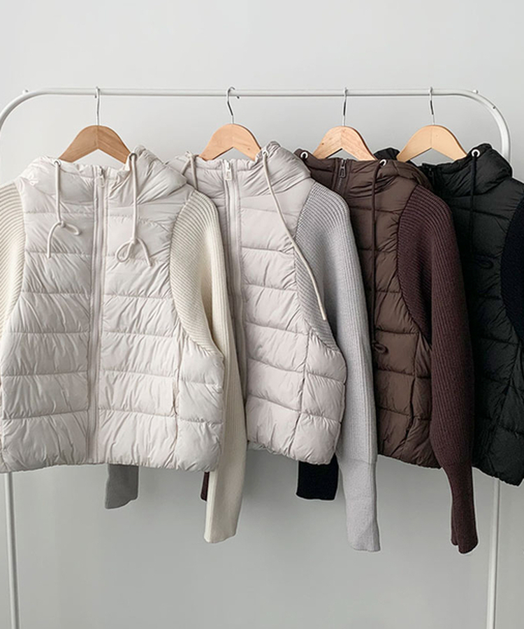 가 레서 긴소매 후드 스트링 니트패딩