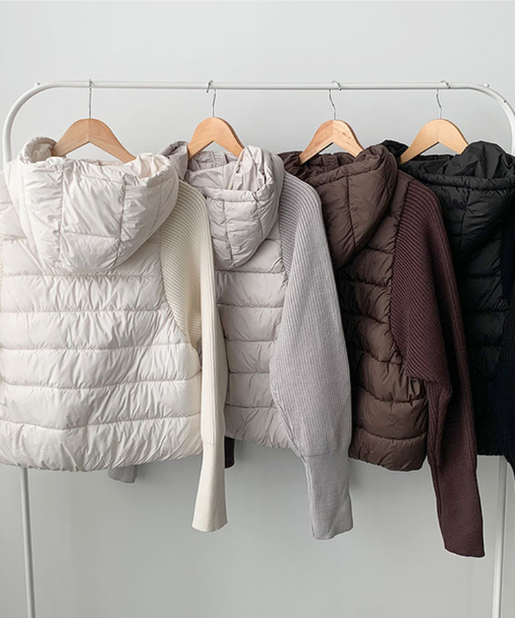 가 레서 긴소매 후드 스트링 니트패딩