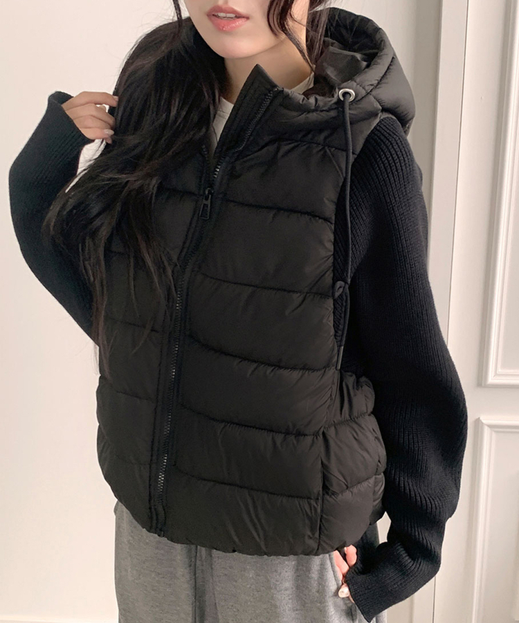 가 레서 긴소매 후드 스트링 니트패딩 블랙