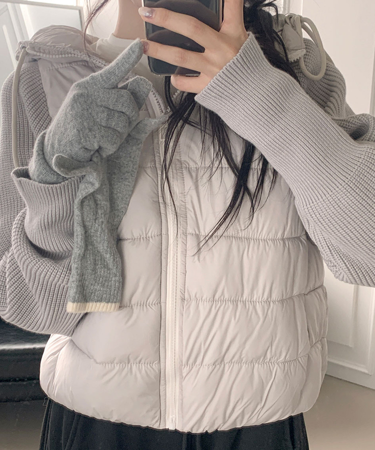 가 레서 긴소매 후드 스트링 니트패딩 연그레이