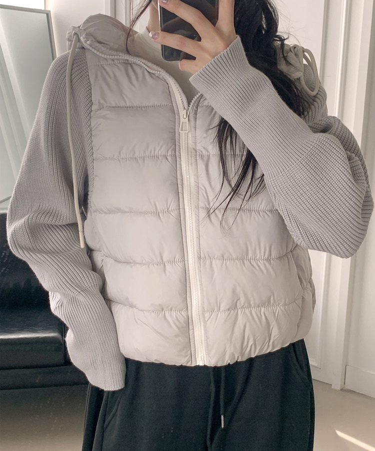 가 레서 긴소매 후드 스트링 니트패딩 연그레이