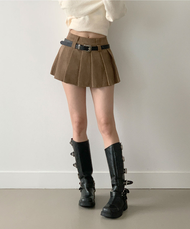루미 코듀로이 양면 플리츠 핀턱 미니 지퍼 속바지내장 스커트 팬츠벨트세트