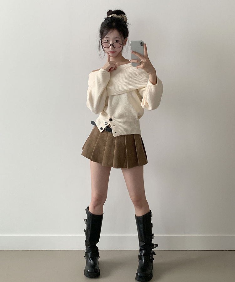 루미 코듀로이 양면 플리츠 핀턱 미니 지퍼 속바지내장 스커트 팬츠벨트세트