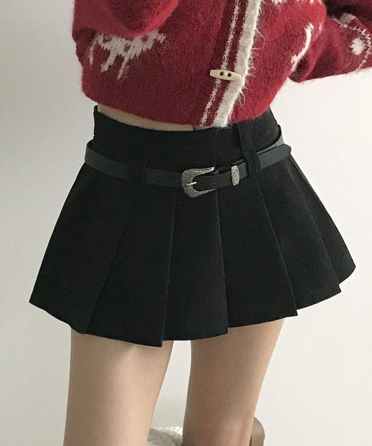 루미 코듀로이 양면 플리츠 핀턱 미니 지퍼 속바지내장 스커트 팬츠벨트세트