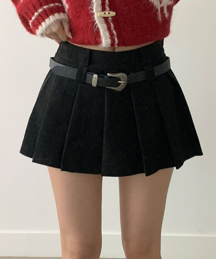 루미 코듀로이 양면 플리츠 핀턱 미니 지퍼 속바지내장 스커트 팬츠벨트세트