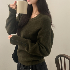 토시 캐시미어 버튼 소매 울 브이넥 긴팔니트 카키