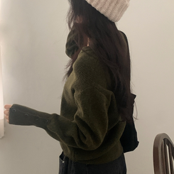 토시 캐시미어 버튼 소매 울 브이넥 긴팔니트 카키