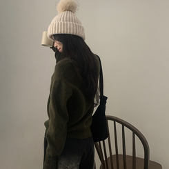 토시 캐시미어 버튼 소매 울 브이넥 긴팔니트 카키