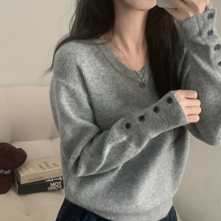 토시 캐시미어 버튼 소매 울 브이넥 긴팔니트 그레이