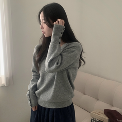 토시 캐시미어 버튼 소매 울 브이넥 긴팔니트 그레이