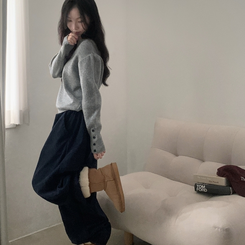 토시 캐시미어 버튼 소매 울 브이넥 긴팔니트 그레이