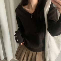 토시 캐시미어 버튼 소매 울 브이넥 긴팔니트 브라운