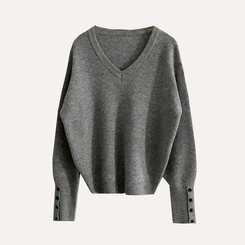 토시 캐시미어 버튼 소매 울 브이넥 긴팔니트