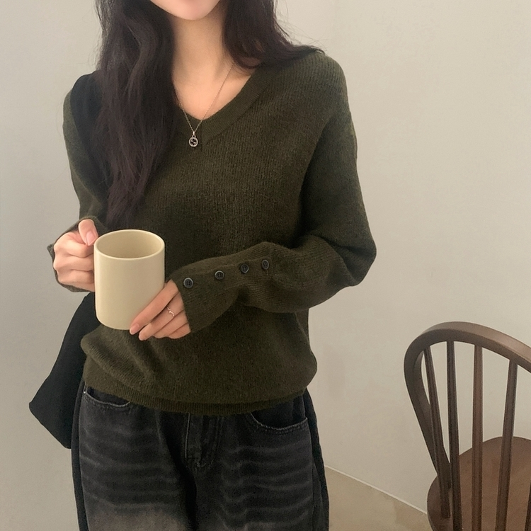 토시 캐시미어 버튼 소매 울 브이넥 긴팔니트 카키