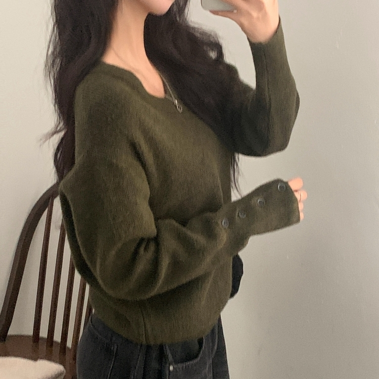 토시 캐시미어 버튼 소매 울 브이넥 긴팔니트 카키