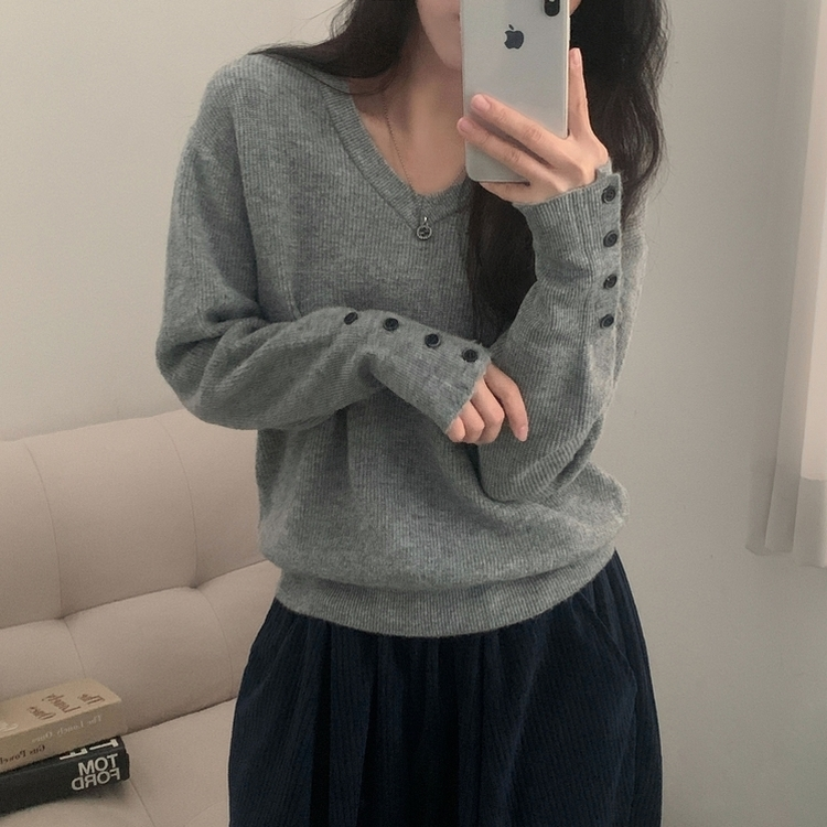 토시 캐시미어 버튼 소매 울 브이넥 긴팔니트 그레이