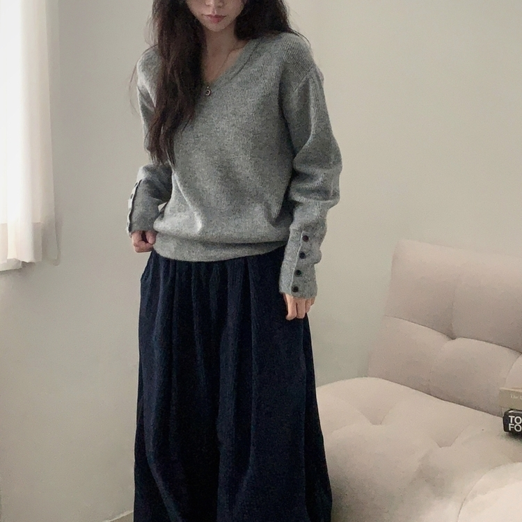 토시 캐시미어 버튼 소매 울 브이넥 긴팔니트 그레이