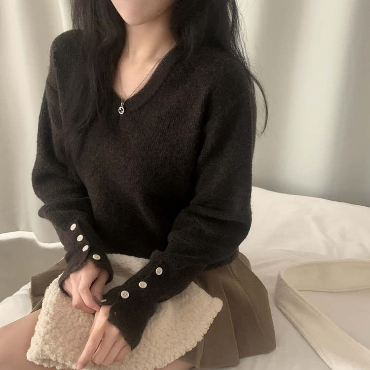 토시 캐시미어 버튼 소매 울 브이넥 긴팔니트 브라운