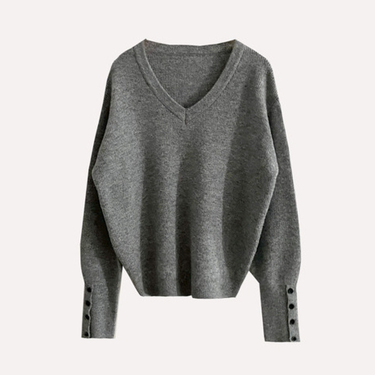 토시 캐시미어 버튼 소매 울 브이넥 긴팔니트