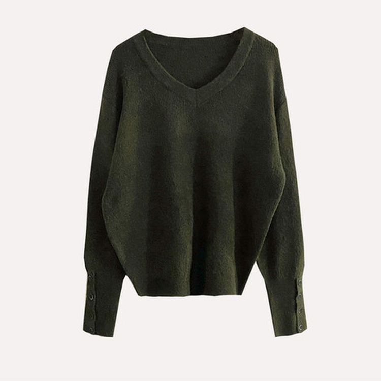 토시 캐시미어 버튼 소매 울 브이넥 긴팔니트