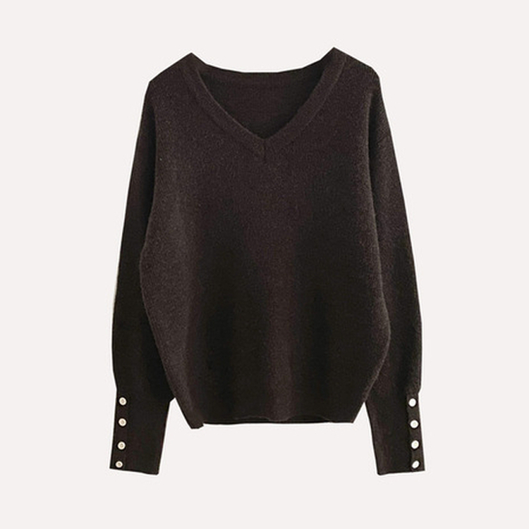 토시 캐시미어 버튼 소매 울 브이넥 긴팔니트