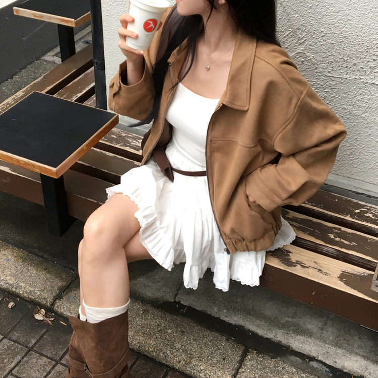 세터 스웨이드 오버핏 세미크롭 밑단 밴딩 점퍼 카멜