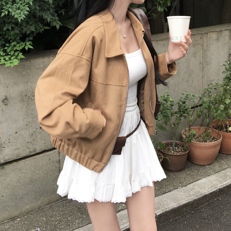 세터 스웨이드 오버핏 세미크롭 밑단 밴딩 점퍼 카멜