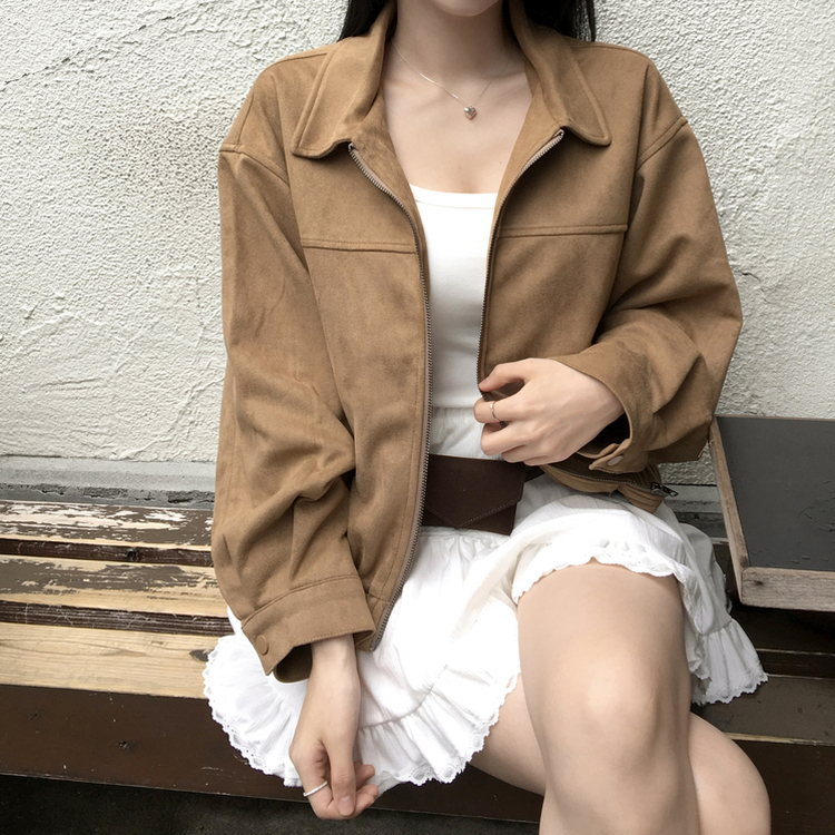 세터 스웨이드 오버핏 세미크롭 밑단 밴딩 점퍼 카멜