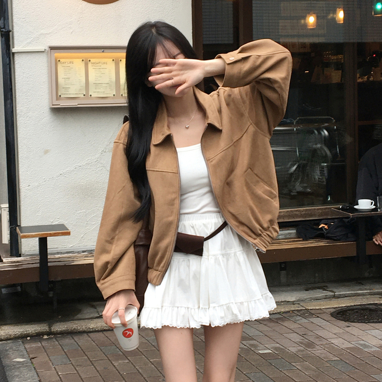 세터 스웨이드 오버핏 세미크롭 밑단 밴딩 점퍼 카멜