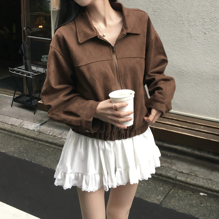 세터 스웨이드 오버핏 세미크롭 밑단 밴딩 점퍼 브라운