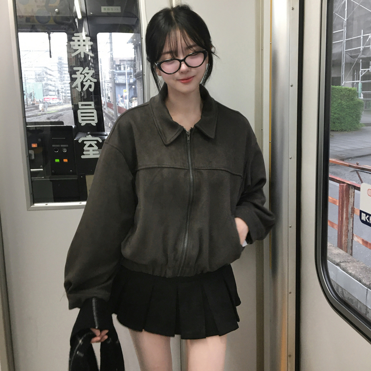 세터 스웨이드 오버핏 세미크롭 밑단 밴딩 점퍼 차콜