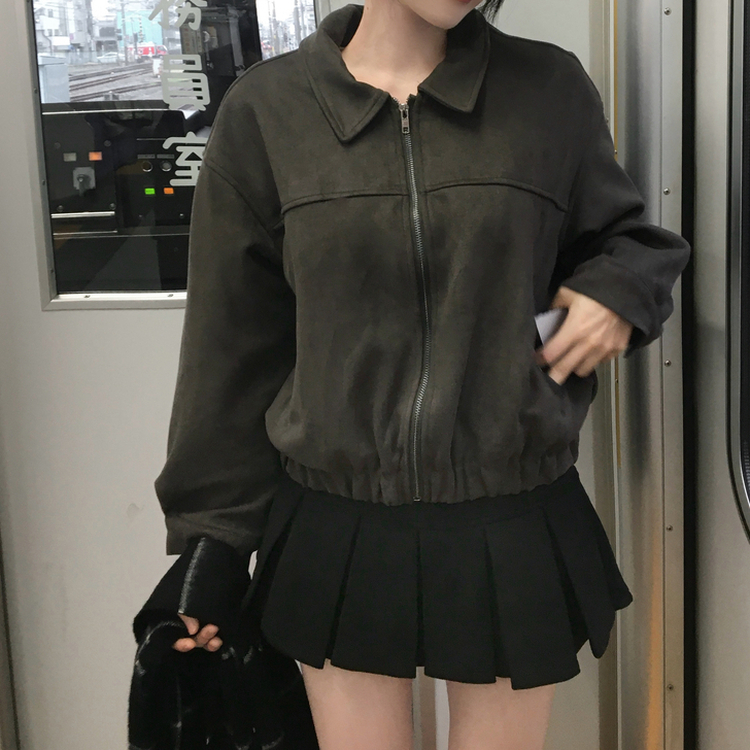 세터 스웨이드 오버핏 세미크롭 밑단 밴딩 점퍼 차콜