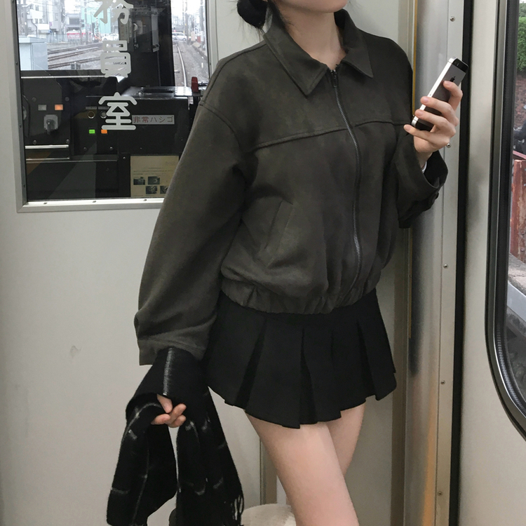 세터 스웨이드 오버핏 세미크롭 밑단 밴딩 점퍼 차콜