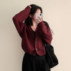 겨울준비 시작아방이 울 루즈핏 브이넥 세미크롭 가디건 와인