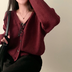 겨울준비 시작아방이 울 루즈핏 브이넥 세미크롭 가디건 와인