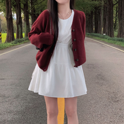 겨울준비 시작아방이 울 루즈핏 브이넥 세미크롭 가디건 와인