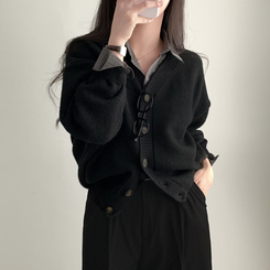 겨울준비 시작아방이 울 루즈핏 브이넥 세미크롭 가디건 블랙