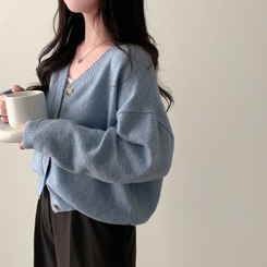 겨울준비 시작아방이 울 루즈핏 브이넥 세미크롭 가디건 스카이