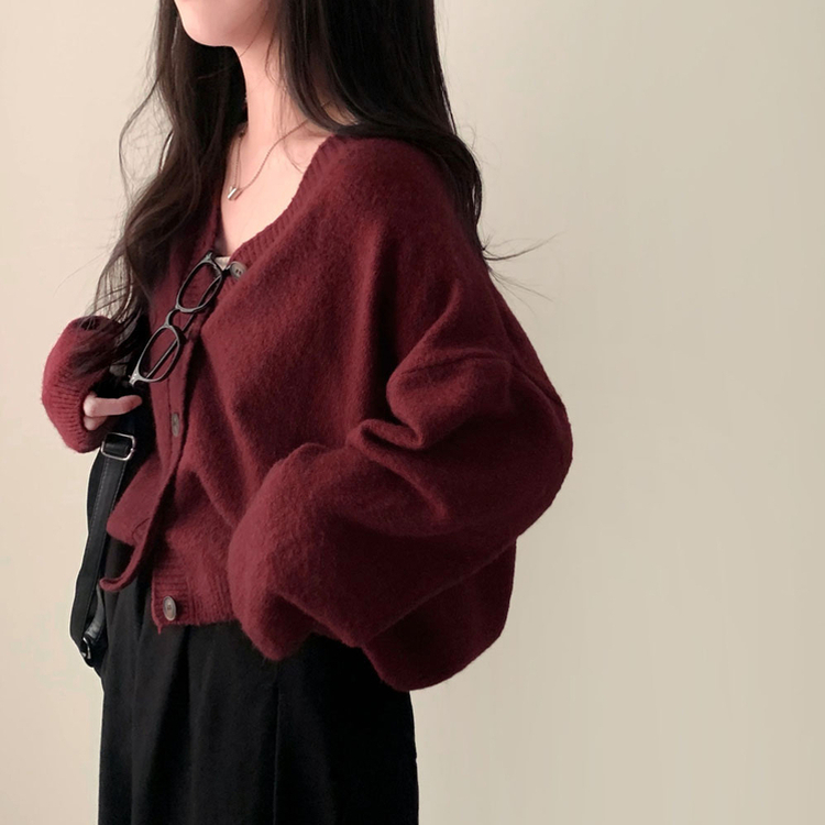 겨울준비 시작아방이 울 루즈핏 브이넥 세미크롭 가디건 와인
